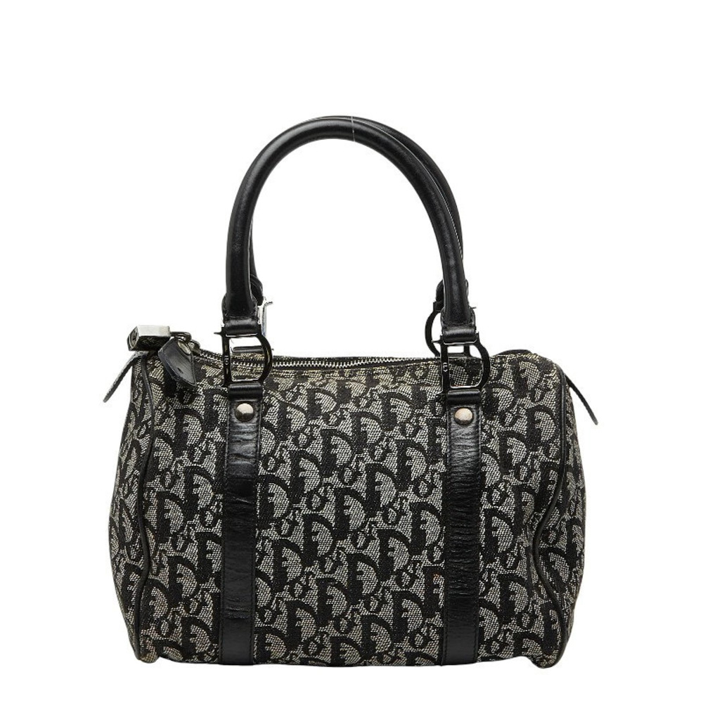 Christian Dior Trotter Handbag Boston Bag Black Beige Cream Canvas Leather